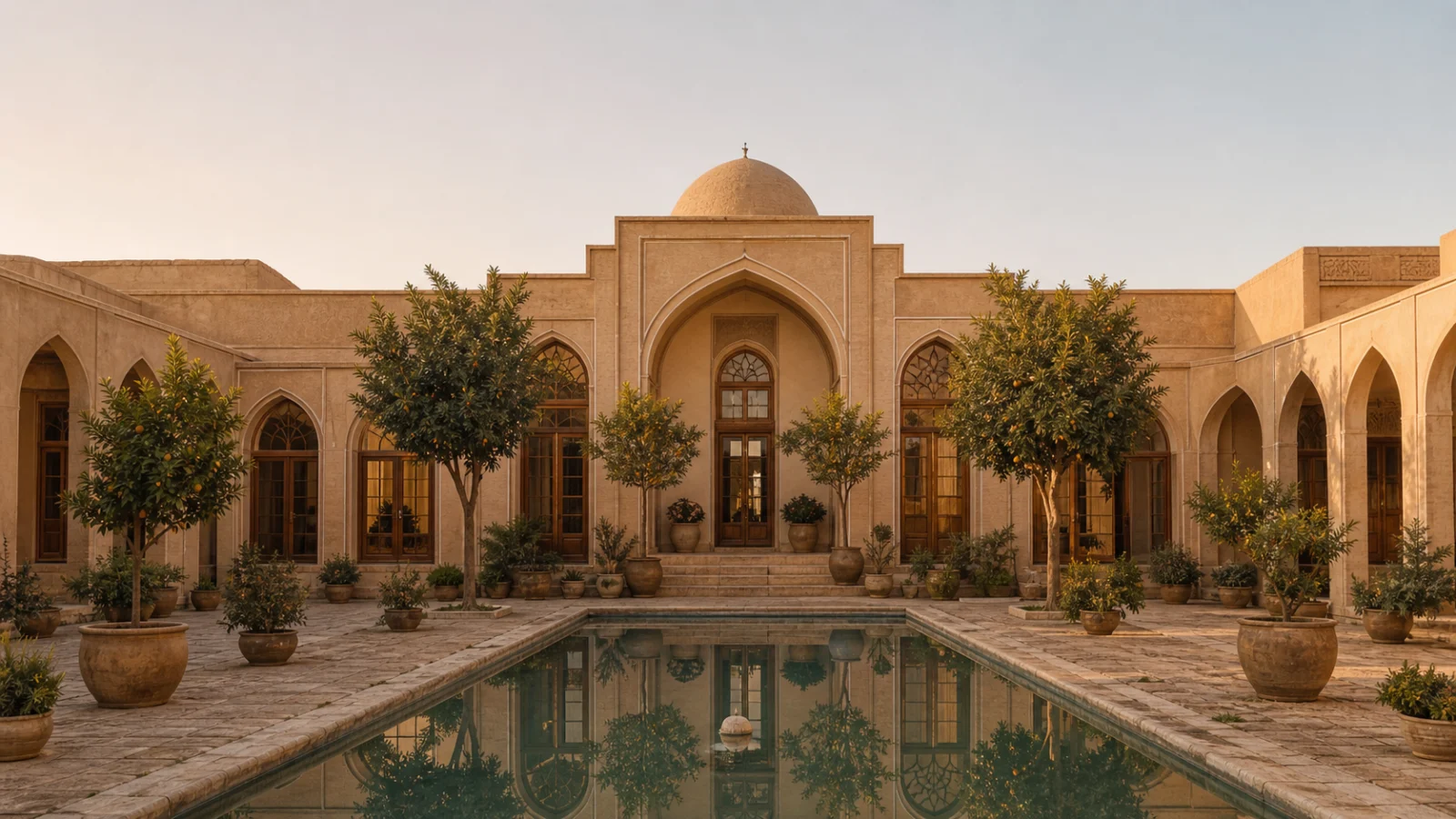 Traditional Iranian hotel courtyard framed by historic brick arches