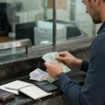 Traveller counting Iranian cash at an authorised exchange counter