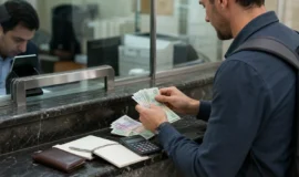 Traveller counting Iranian cash at an authorised exchange counter
