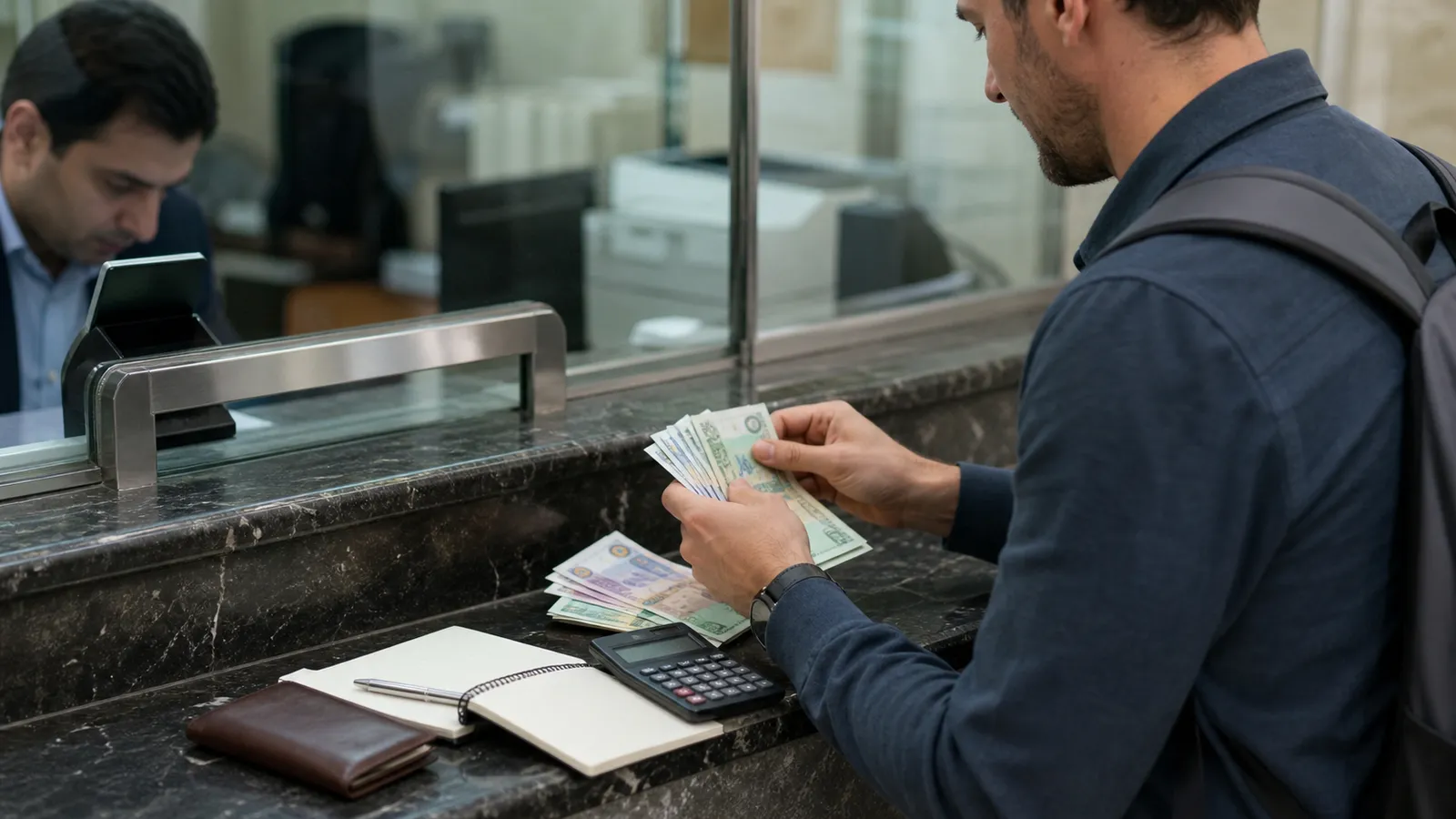 Traveller counting Iranian cash at an authorised exchange counter
