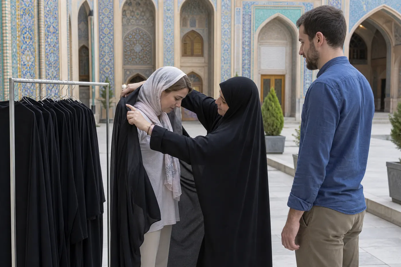 Visitors preparing appropriate clothing before entering a religious site in Iran
