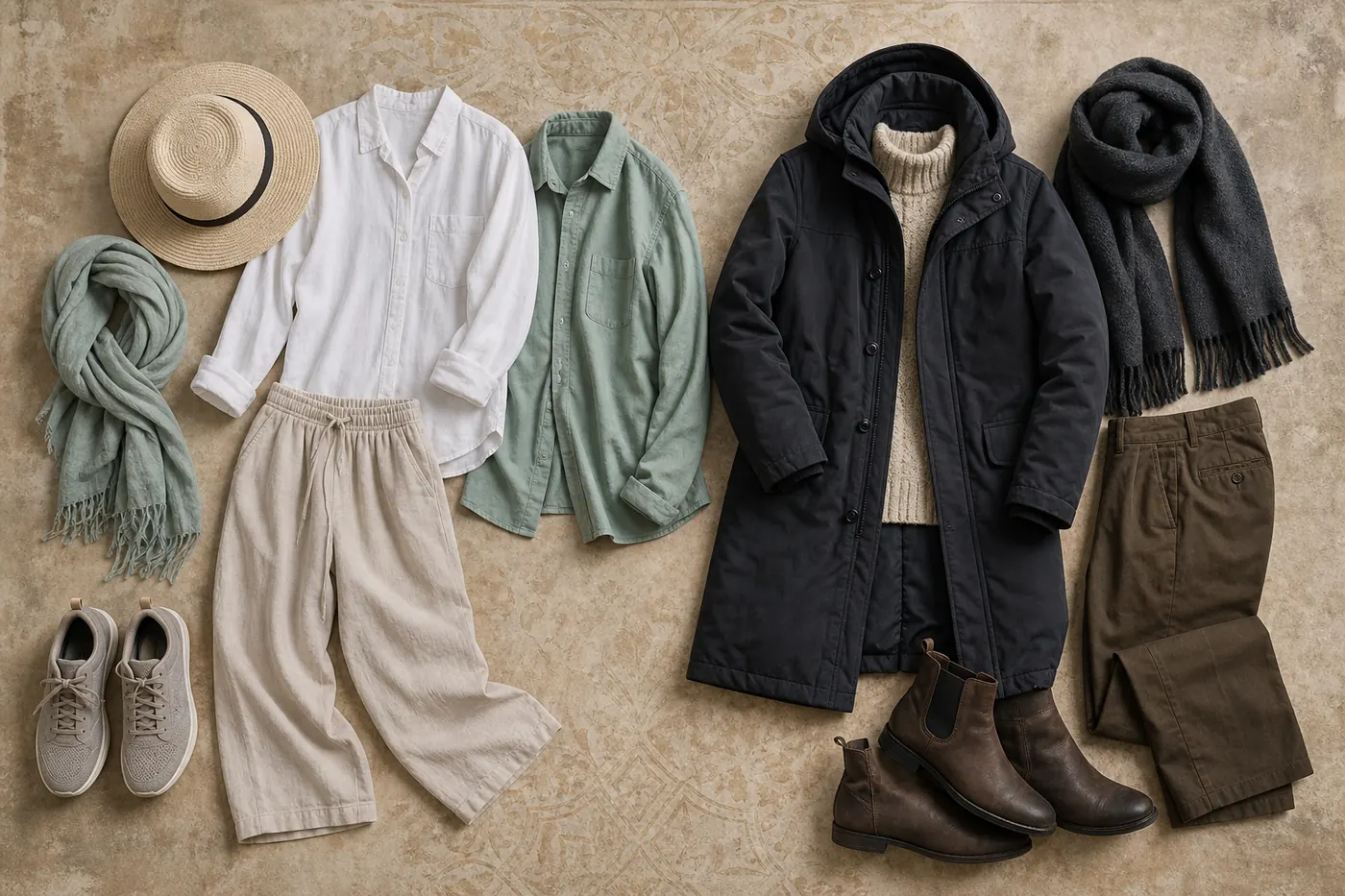 Light summer layers and warm winter clothing suitable for travel in Iran