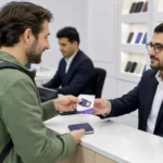 Traveller receiving a prepaid SIM card at an authorised mobile service counter in Iran