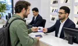 Traveller receiving a prepaid SIM card at an authorised mobile service counter in Iran