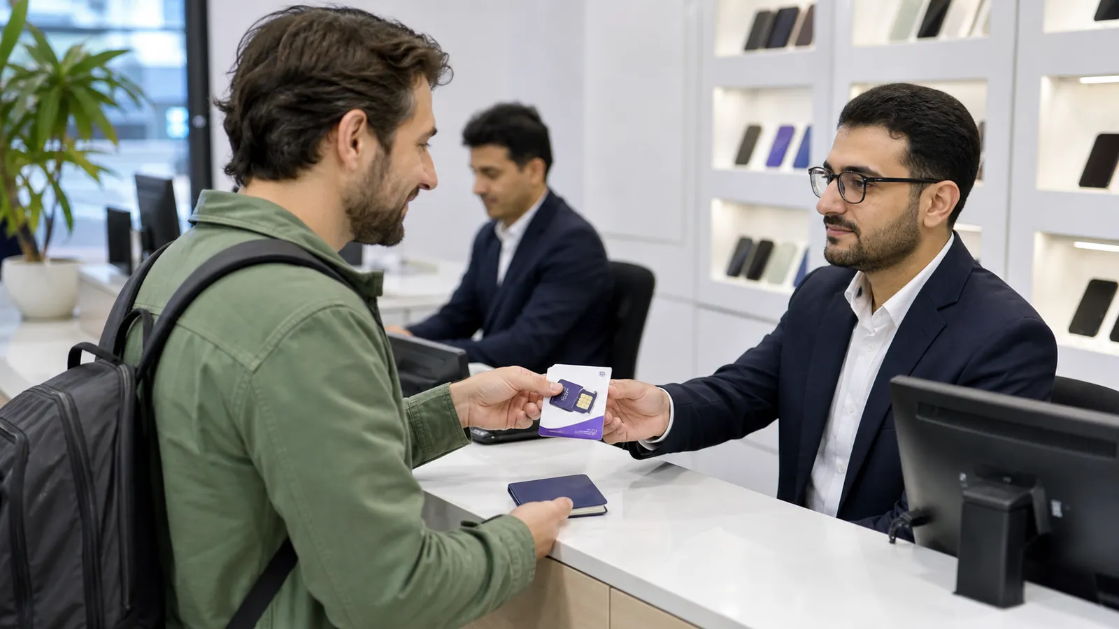 Traveller receiving a prepaid SIM card at an authorised mobile service counter in Iran