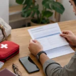 Traveller reviewing insurance documents and an emergency plan before departure