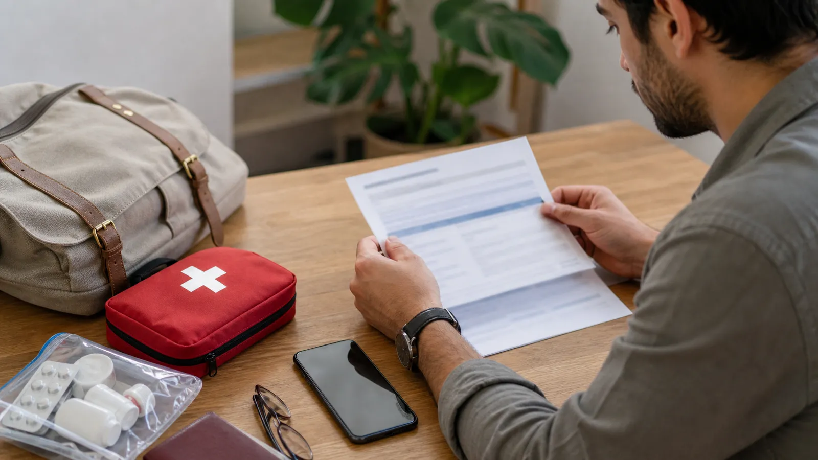 Traveller reviewing insurance documents and an emergency plan before departure