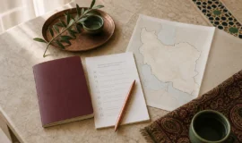 Illustrative Iran visa planning desk with a blank travel booklet, checklist and map