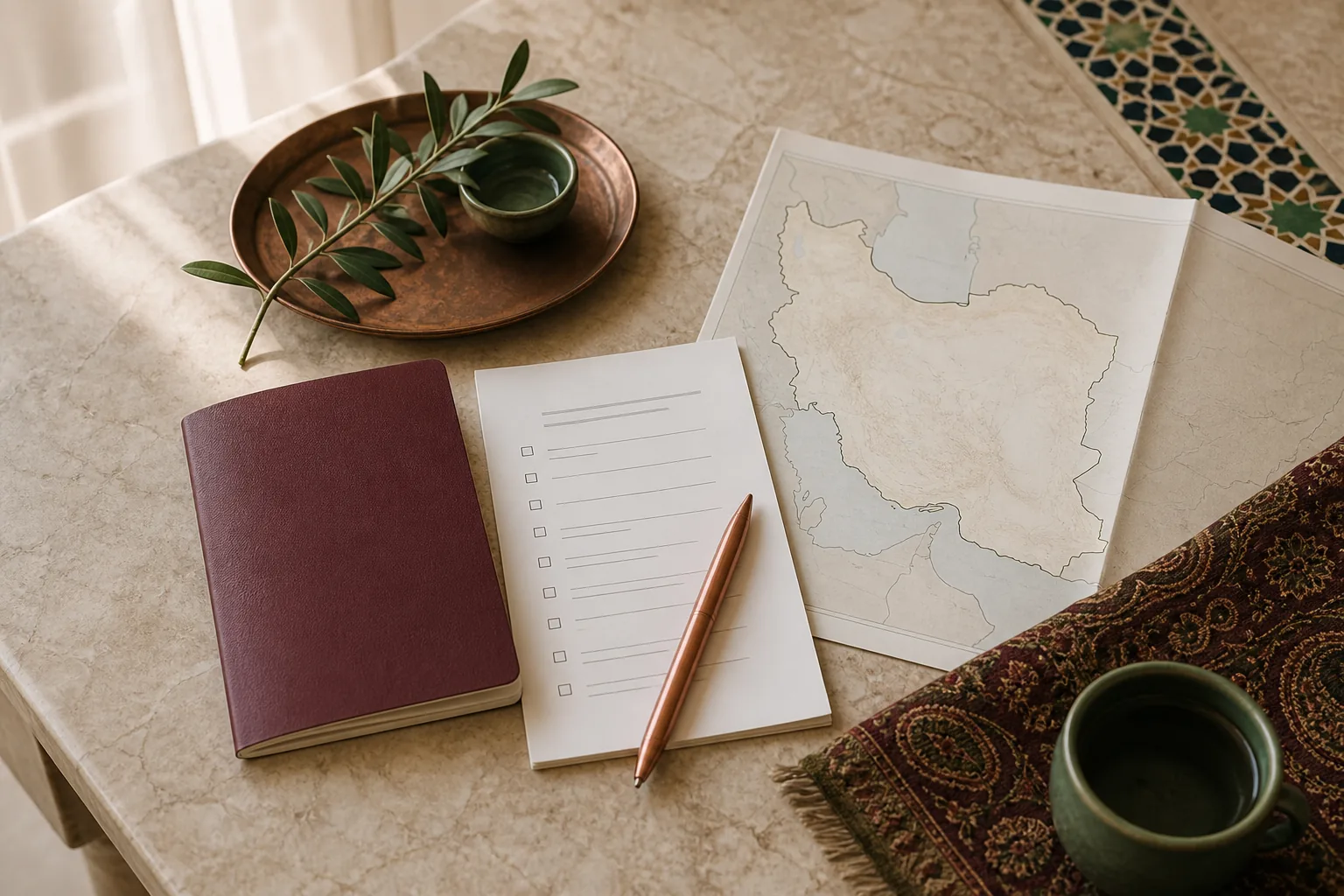 Illustrative Iran visa planning desk with a blank travel booklet, checklist and map