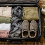 Open suitcase packed with clothing layers, scarf, walking shoes, adapter, medicine pouch, cash wallet and phone