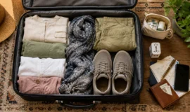 Open suitcase packed with clothing layers, scarf, walking shoes, adapter, medicine pouch, cash wallet and phone