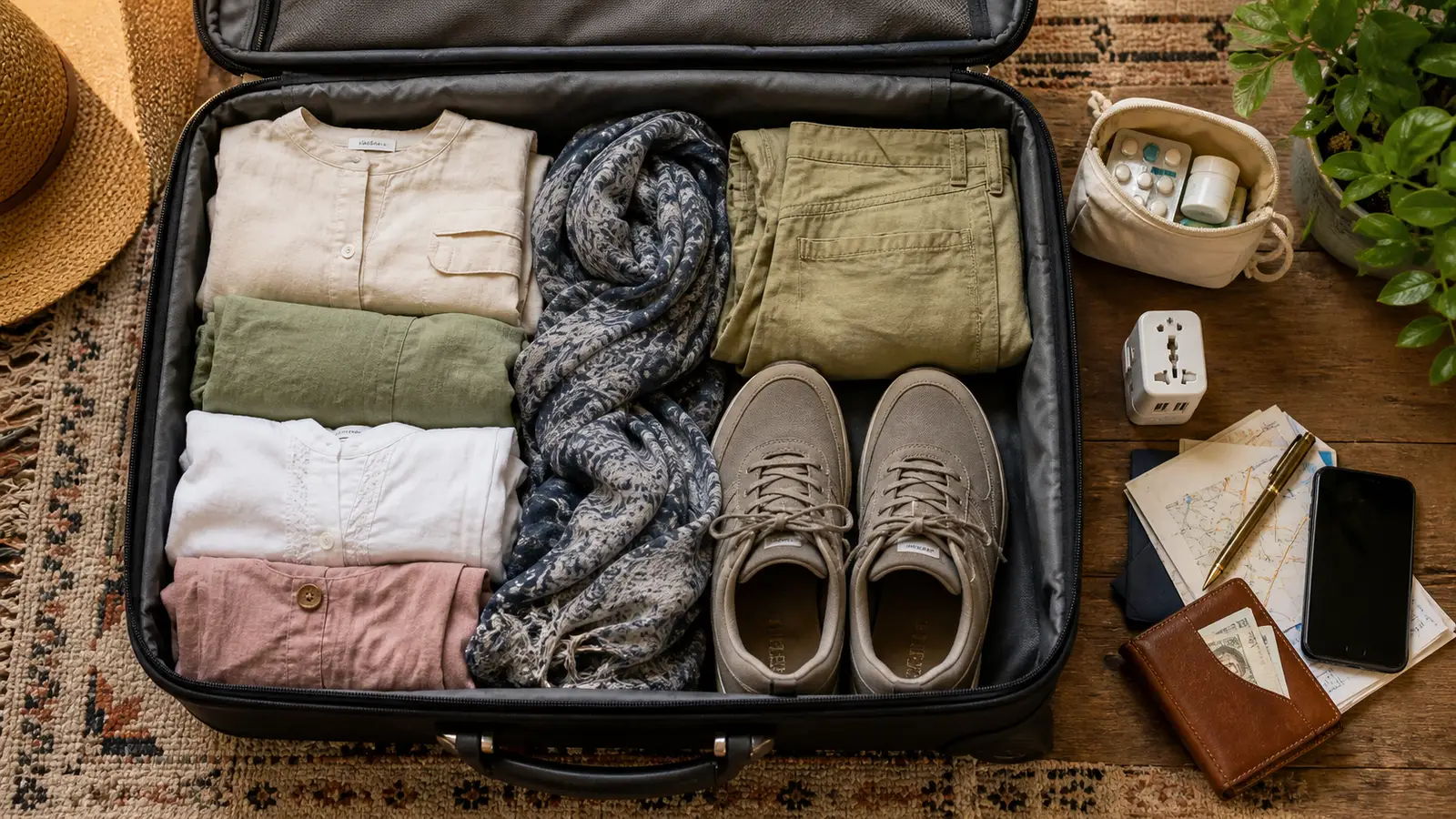 Open suitcase packed with clothing layers, scarf, walking shoes, adapter, medicine pouch, cash wallet and phone