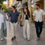 Contemporary everyday clothing on a pedestrian street in Iran, including layered outfits, trousers and a loose headscarf