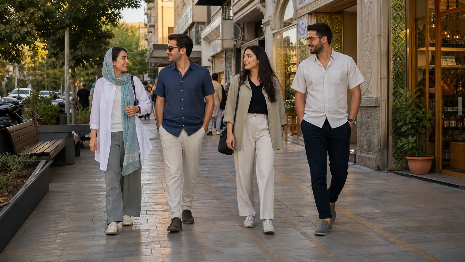 Contemporary everyday clothing on a pedestrian street in Iran, including layered outfits, trousers and a loose headscarf