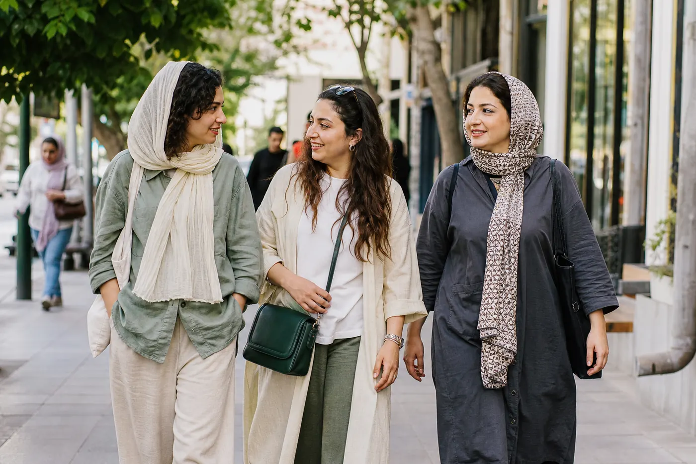 Three women wearing varied contemporary styles on a city street in Iran