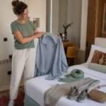 Female traveller packing a lightweight overshirt, trousers, scarf and walking shoes for Iran