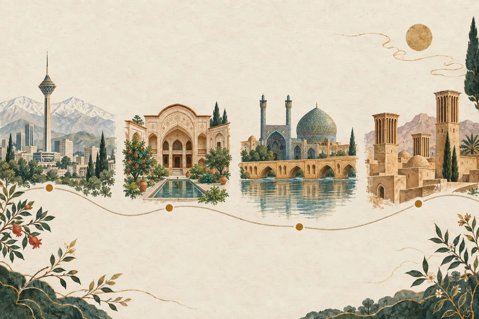 Editorial illustration of a seven-day route through Tehran, Kashan, Isfahan and Yazd