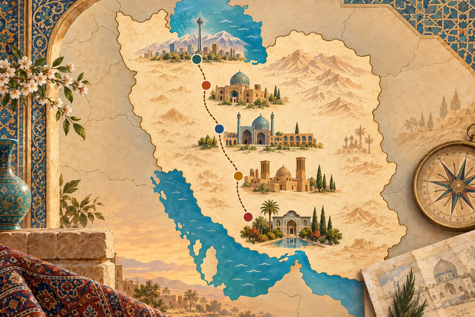 Illustrated planning map showing a route through Tehran, Kashan, Isfahan, Yazd and Shiraz